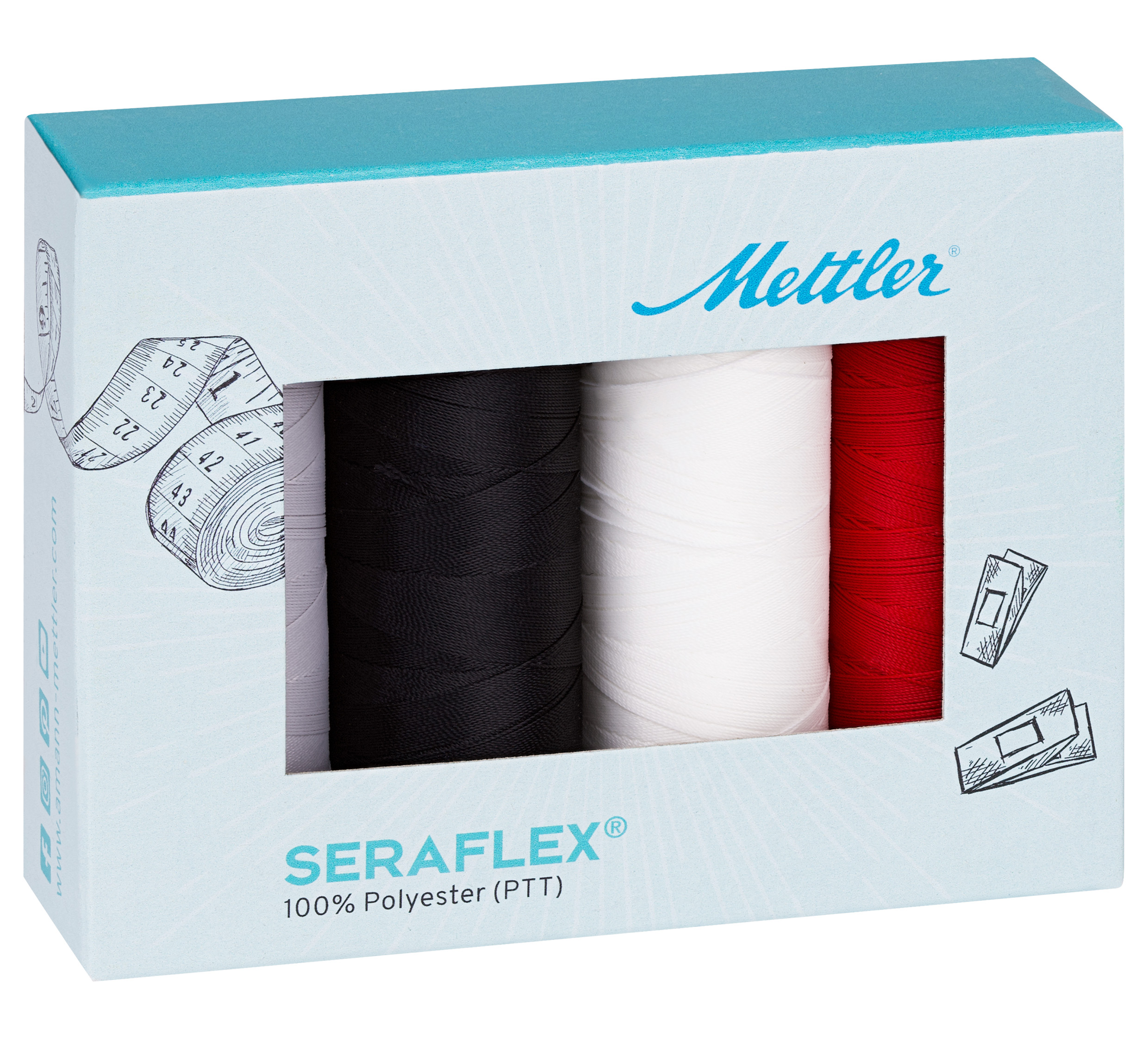  Mettler Universalnähgarn SERALEX®. Es enthält 4 Spulen grau, schwarz, weiß, rot à 50 m – das perfekte Farbspektrum für aufregende Werke.